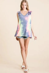 Breezy Ruffle Tie-Dye V-Neck Beach Top women outfit ideas