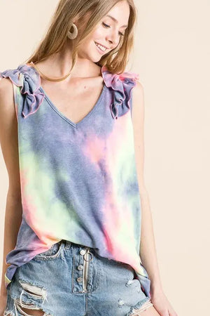 Breezy Ruffle Tie-Dye V-Neck Beach Top women outfit ideas