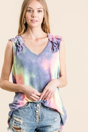 Breezy Ruffle Tie-Dye V-Neck Beach Top women outfit ideas