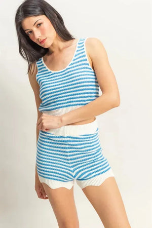 Breezy Striped Beach Tank and Shorts Set - Blue/Cream women outfit ideas