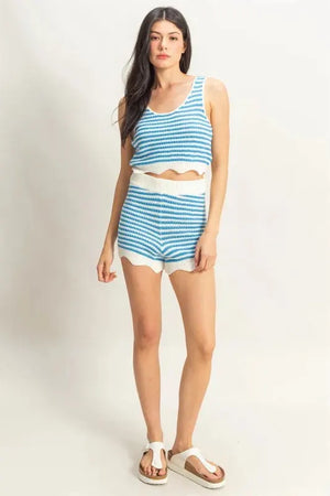 Breezy Striped Beach Tank and Shorts Set - Blue/Cream women outfit ideas