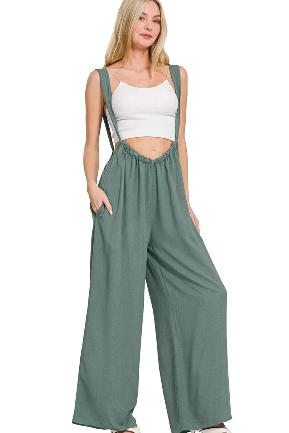 Breezy Tie-Back Suspender Beach Jumpsuit in Ash Jade women outfit ideas