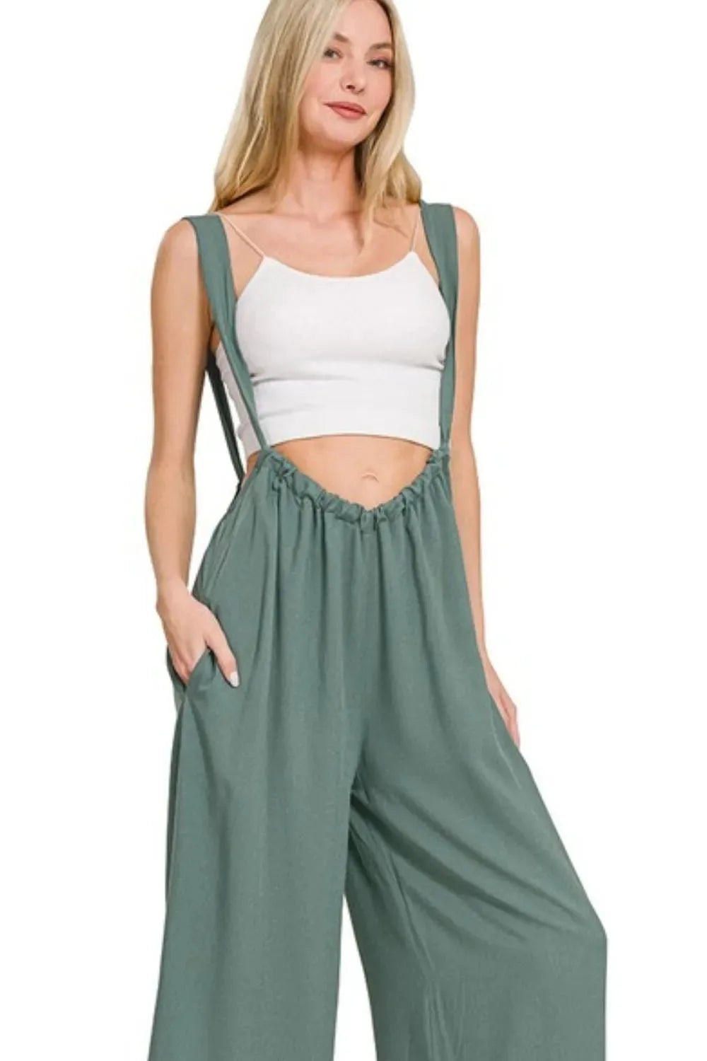 Breezy Tie-Back Suspender Beach Jumpsuit in Ash Jade women outfit ideas