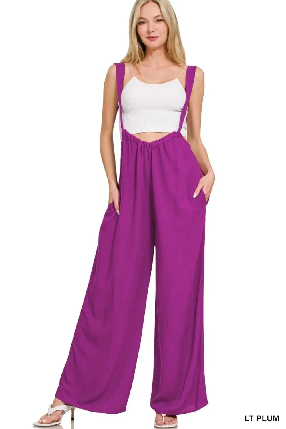 Breezy Tie-Back Suspender Beach Jumpsuit in Light Plum women outfit ideas