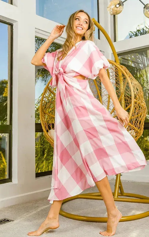 Coastal Checkered Cut-Out Beach Dress in Blush women outfit ideas