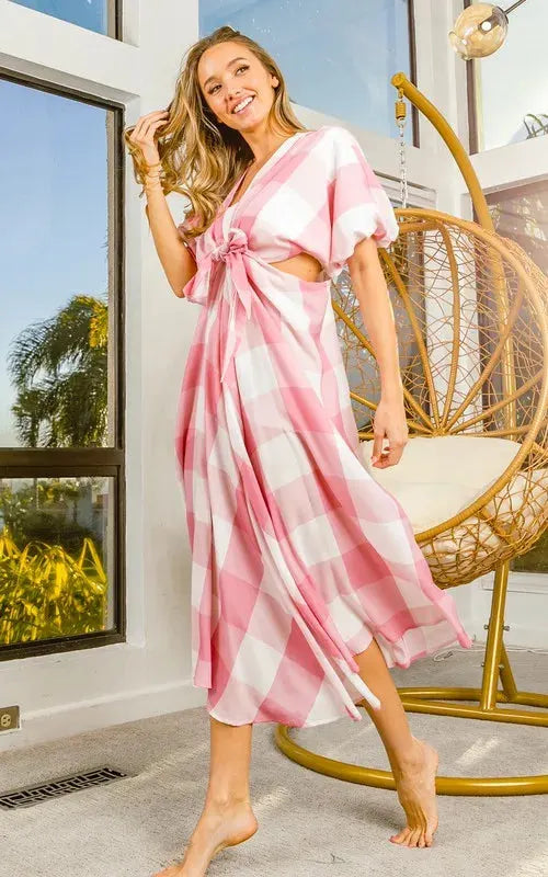 Coastal Checkered Cut-Out Beach Dress in Blush women outfit ideas
