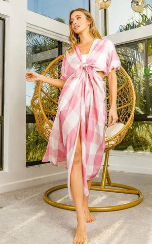 Coastal Checkered Cut-Out Beach Dress in Blush women outfit ideas
