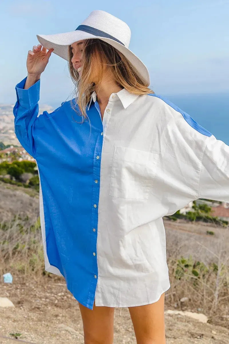 Coastal Color Block Button-Up Beach Shirt women outfit ideas