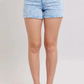 Coastal Cyan Mid-Rise Denim Beach Shorts women outfit ideas