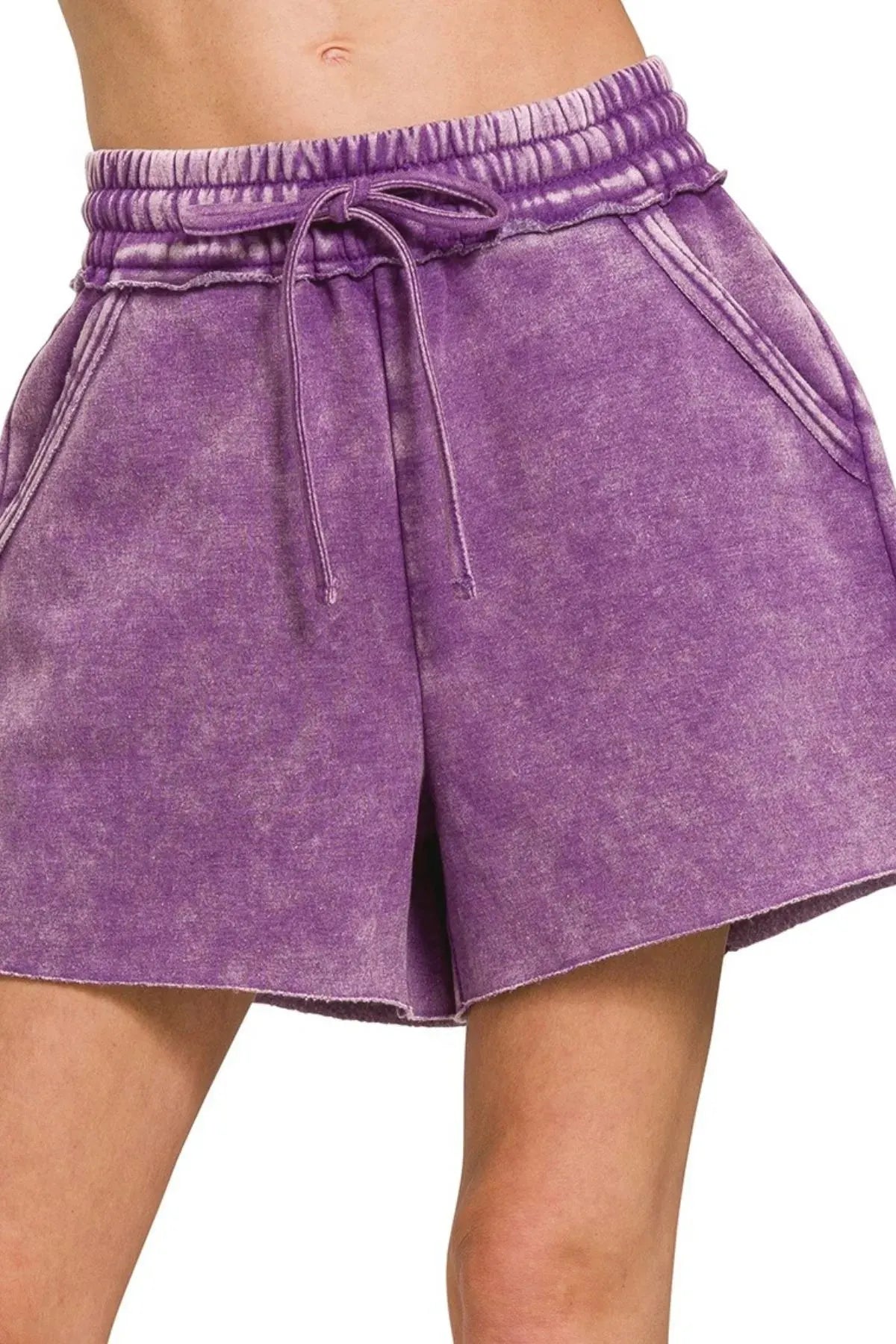 Coastal Fleece Acid Wash Beach Shorts in Violet women outfit ideas