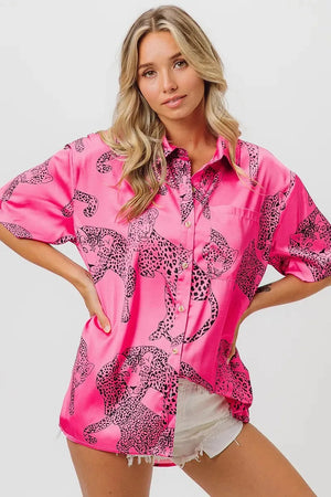 Coastal Leopard Print Silky Beach Shirt in Fuchsia women outfit ideas