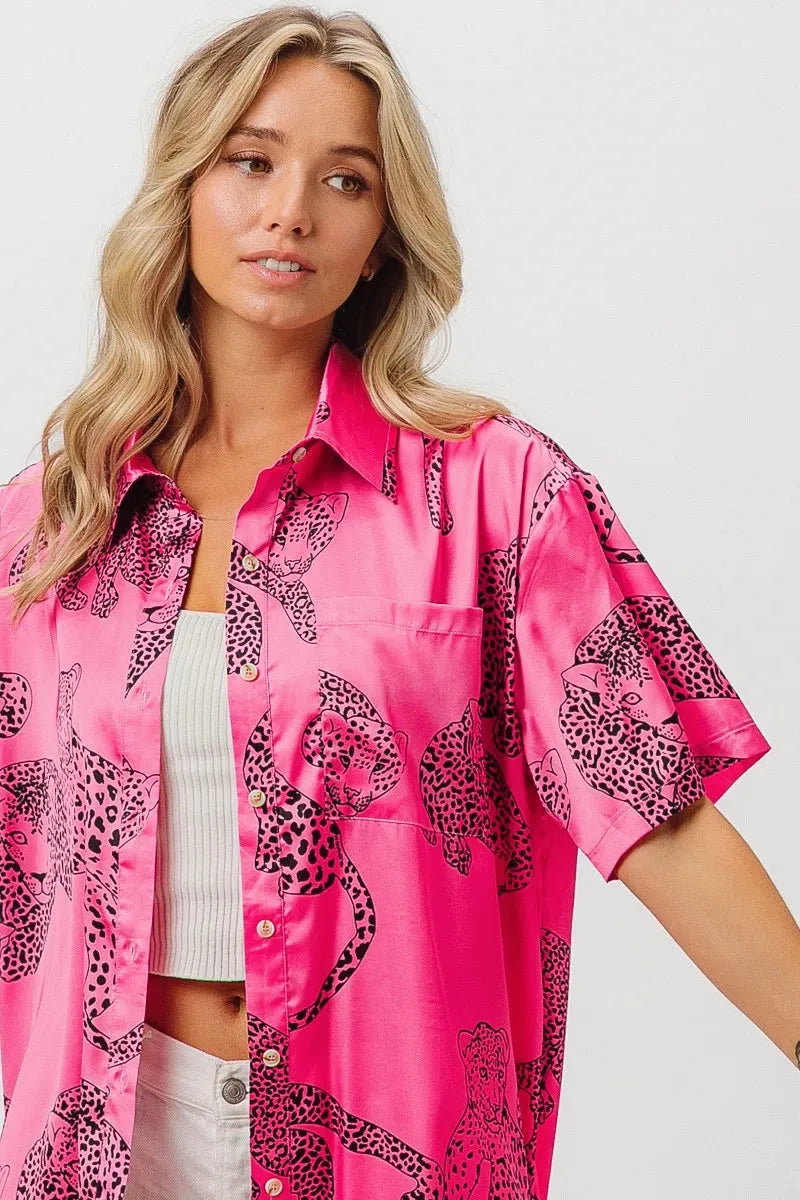 Coastal Leopard Print Silky Beach Shirt in Fuchsia women outfit ideas