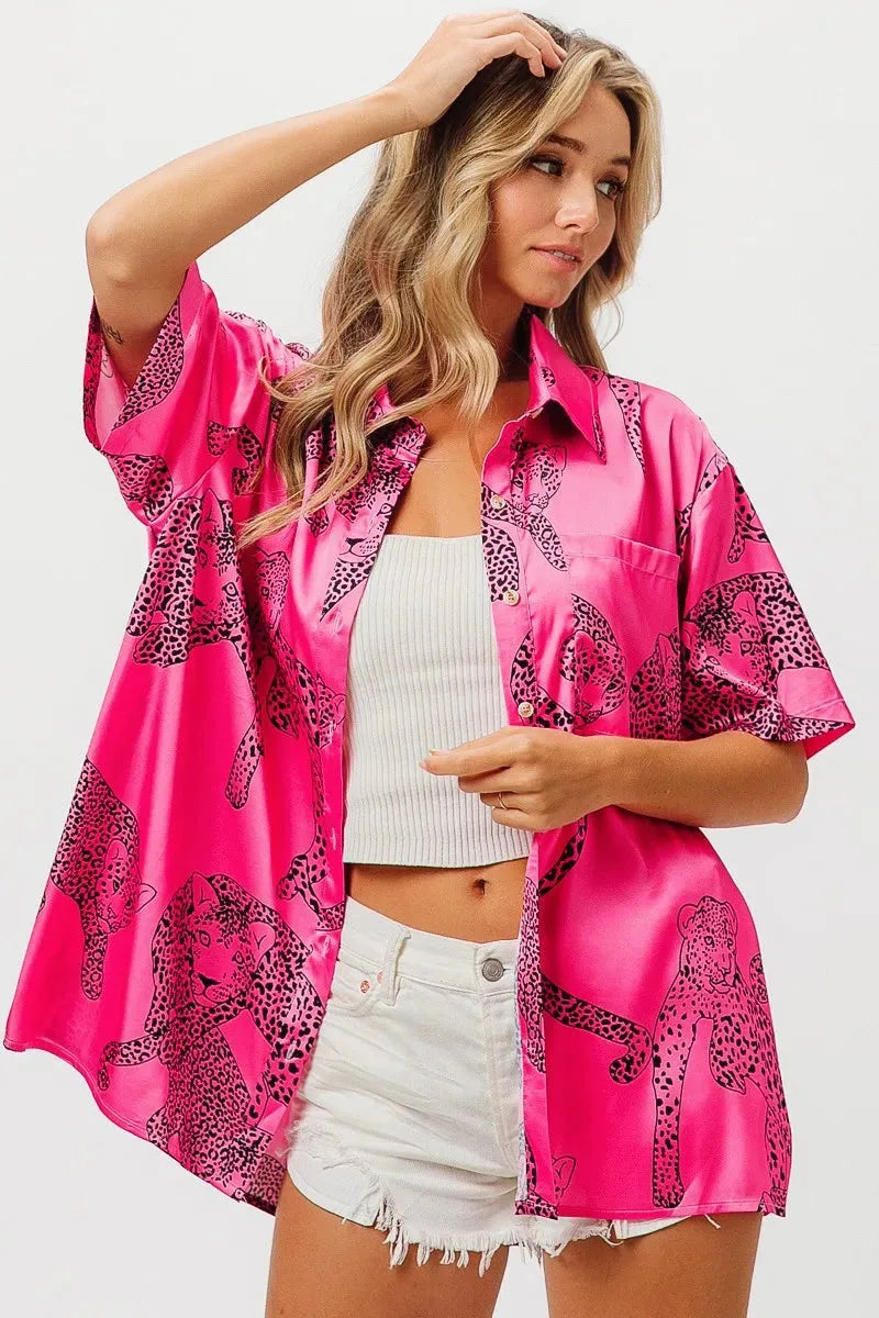 Coastal Leopard Print Silky Beach Shirt in Fuchsia women outfit ideas