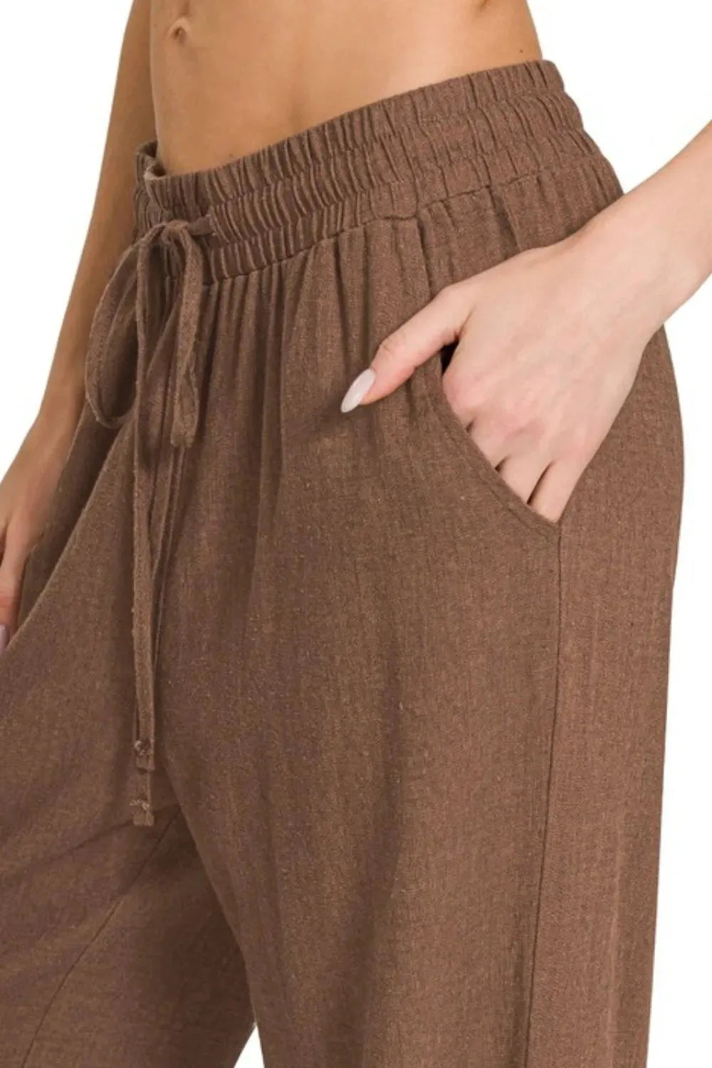 Coastal Linen Drawstring Beach Pants in Rich Brown women outfit ideas