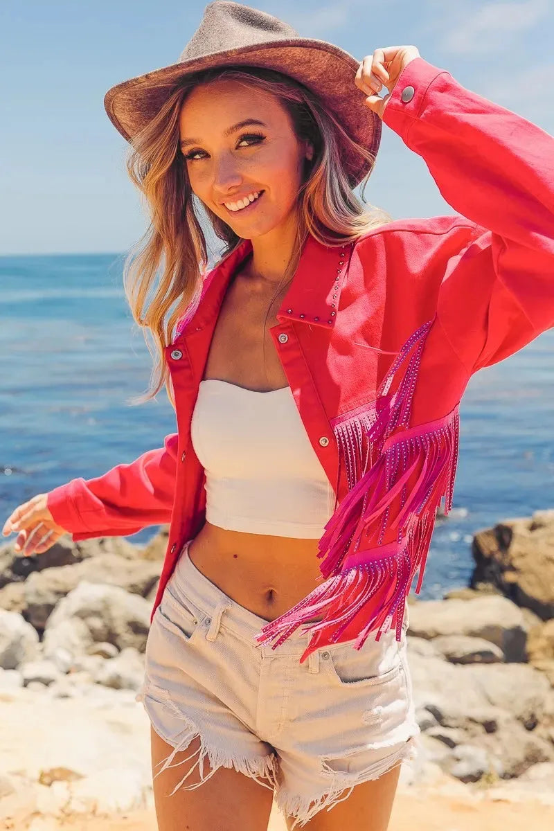 Coastal Starlet Rhinestone Fringe Beach Jacket women outfit ideas