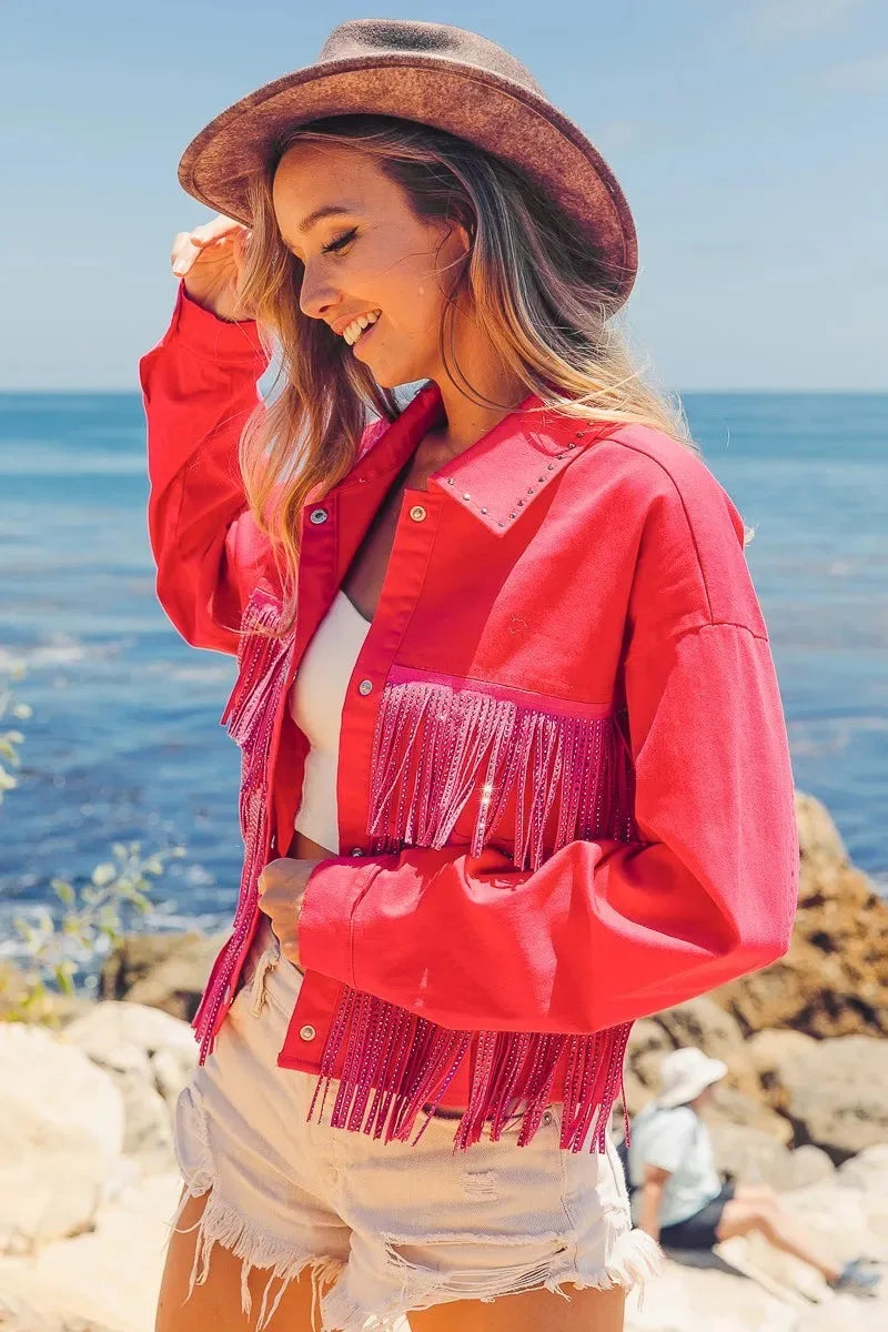 Coastal Starlet Rhinestone Fringe Beach Jacket women outfit ideas