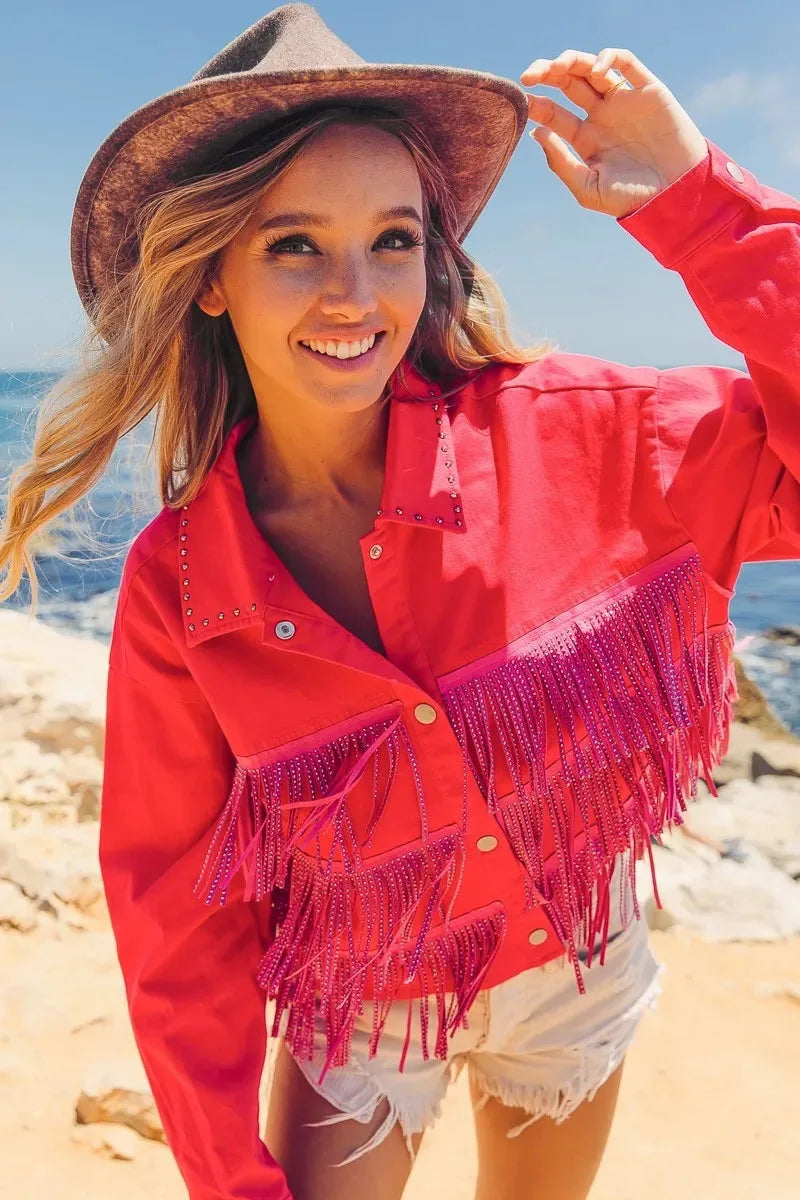 Coastal Starlet Rhinestone Fringe Beach Jacket women outfit ideas