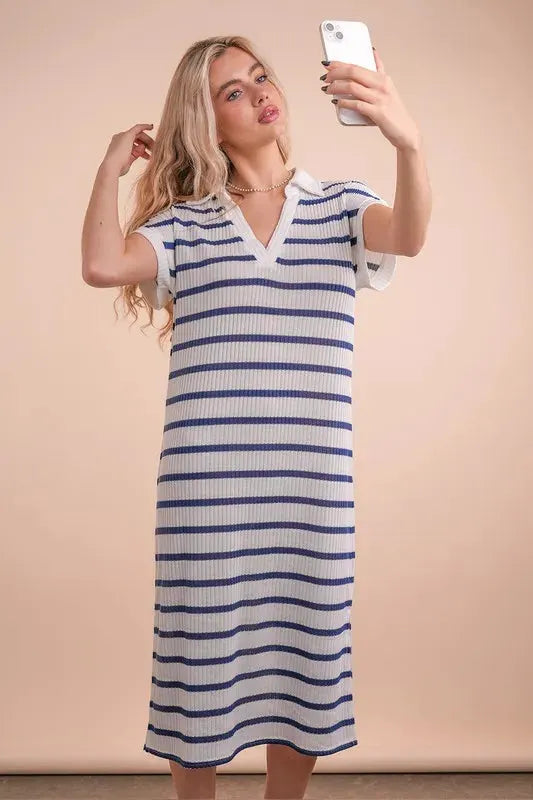 Coastal Striped Knit Beach Midi Dress in White & Navy women outfit ideas