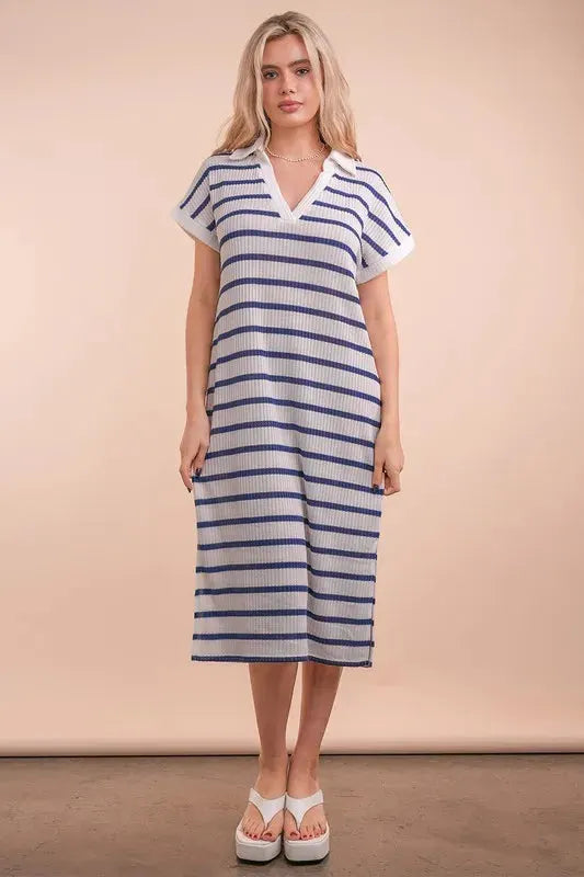 Coastal Striped Knit Beach Midi Dress in White & Navy women outfit ideas