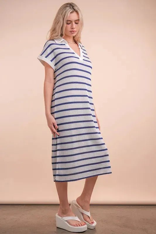 Coastal Striped Knit Beach Midi Dress in White & Navy women outfit ideas