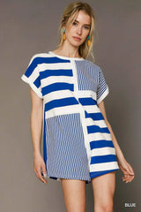 Coastal Striped Short Sleeve Beach Romper in Blue women outfit ideas