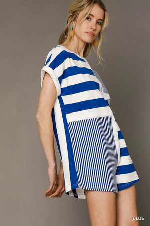 Coastal Striped Short Sleeve Beach Romper in Blue women outfit ideas