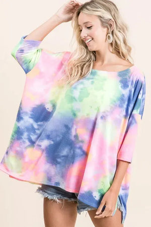 Coastal Tie-Dye Knit Beach Top in Blue & Neon Yellow women outfit ideas