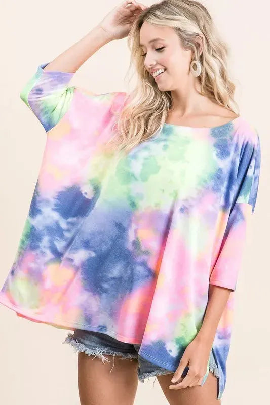 Coastal Tie-Dye Knit Beach Top in Blue & Neon Yellow women outfit ideas