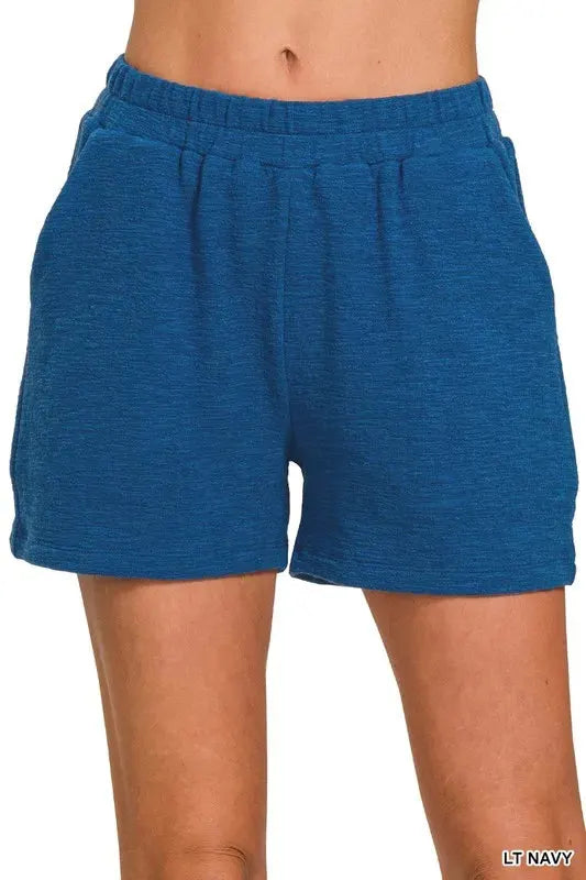 Cotton Slub Drawstring Beach Shorts in Light Navy women outfit ideas