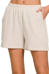 Cotton Slub Drawstring Beach Shorts in Sand Beige