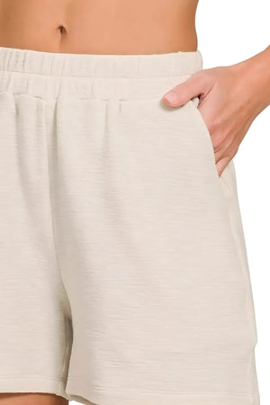 Cotton Slub Drawstring Beach Shorts in Sand Beige