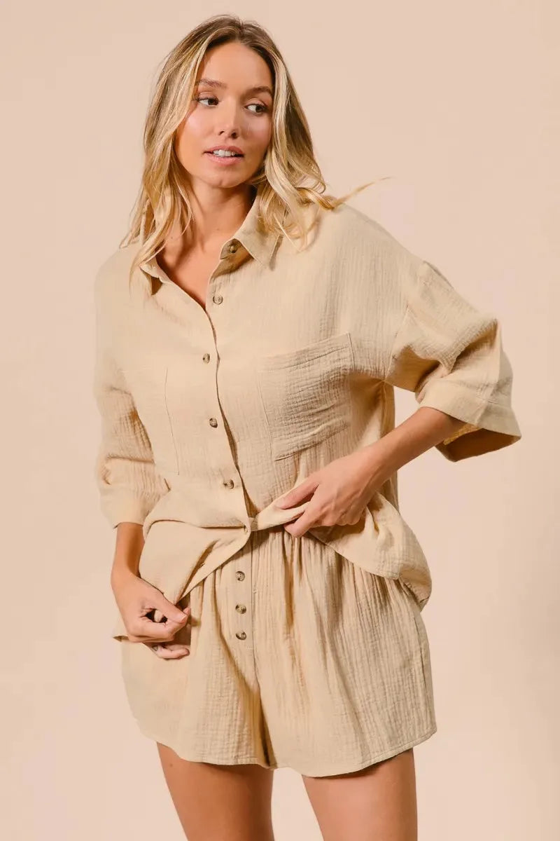 Crinkle Gauze Beach Shirt & Short Set in Oatmeal women outfit ideas