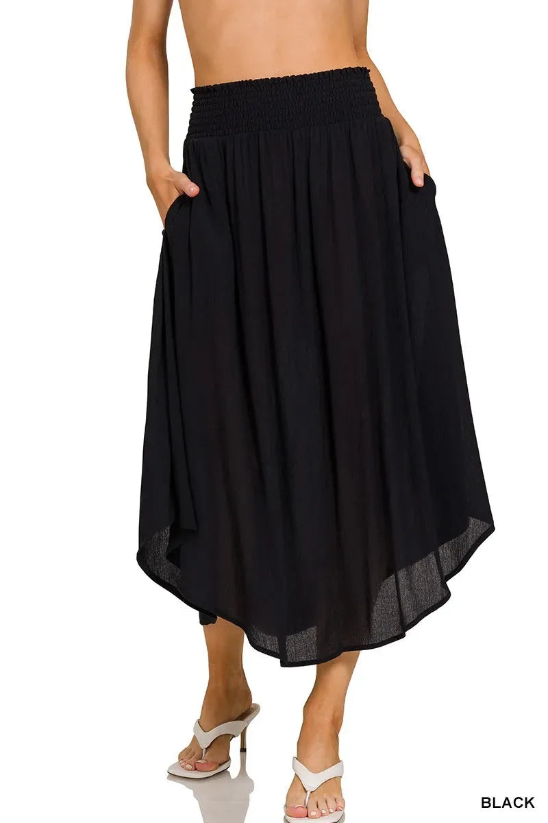Crinkle Rayon Smocked Beach Maxi Skirt in Black women outfit ideas