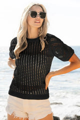 Crochet Lace Puff Sleeve Beach Top in Black women outfit ideas