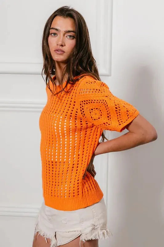 Crochet Puff Sleeve Beach Cover-Up in Sunset Orange women outfit ideas