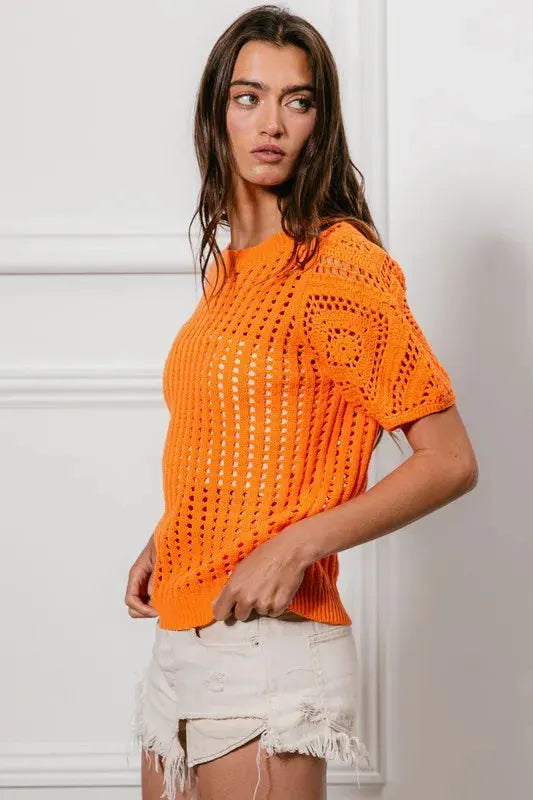 Crochet Puff Sleeve Beach Cover-Up in Sunset Orange women outfit ideas