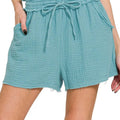 Double Gauze Drawstring Beach Shorts in Dusty Teal women outfit ideas