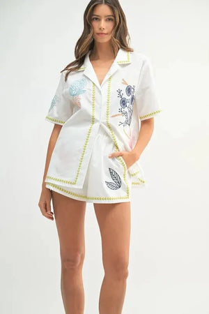 Embroidered Linen-Blend Beach Shirt & Shorts Set women outfit ideas