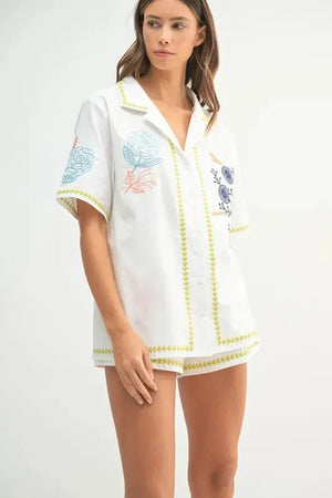 Embroidered Linen-Blend Beach Shirt & Shorts Set women outfit ideas