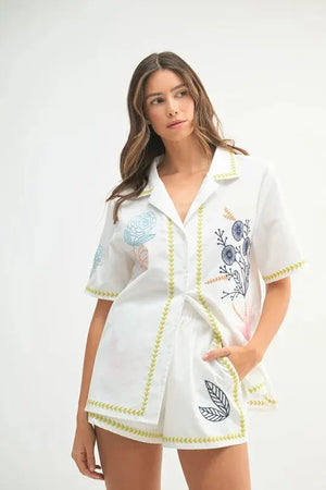 Embroidered Linen-Blend Beach Shirt & Shorts Set women outfit ideas