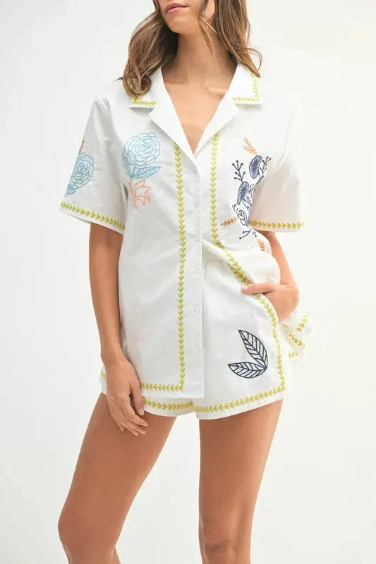 Embroidered Linen-Blend Beach Shirt & Shorts Set women outfit ideas
