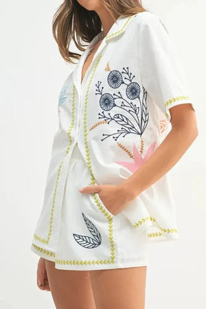 Embroidered Linen-Blend Beach Shirt & Shorts Set women outfit ideas