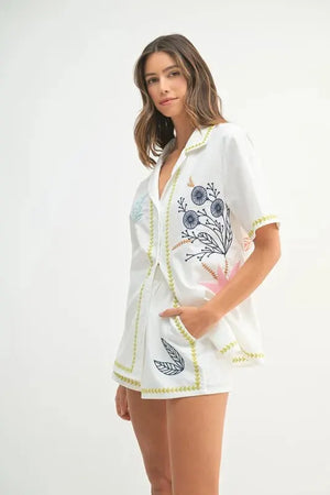 Embroidered Linen-Blend Beach Shirt & Shorts Set women outfit ideas