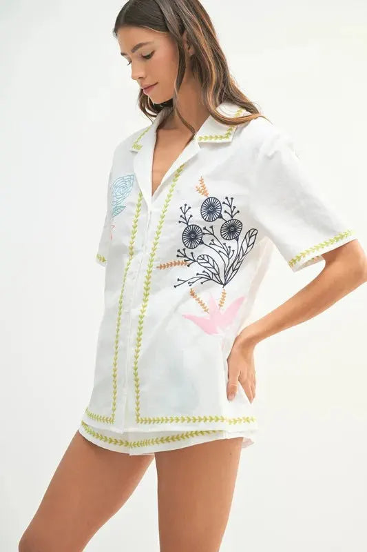 Embroidered Linen-Blend Beach Shirt & Shorts Set women outfit ideas