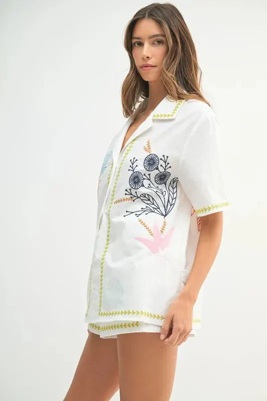 Embroidered Linen-Blend Beach Shirt & Shorts Set women outfit ideas