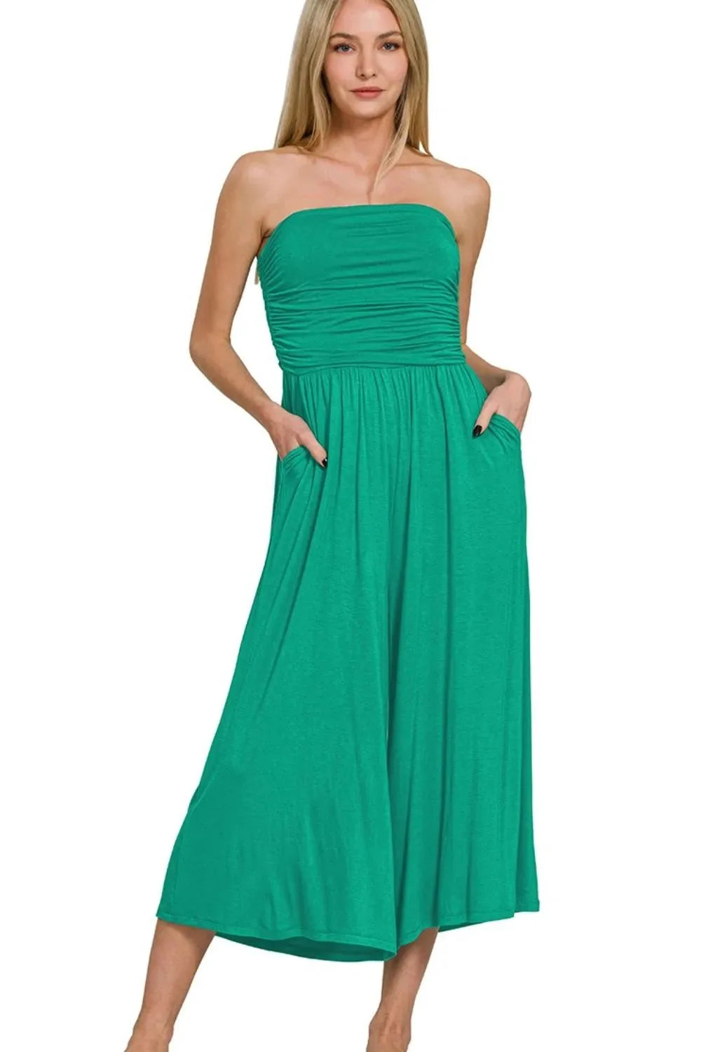 Emerald Strapless Beach Jumpsuit with Ruched Bodice women outfit ideas