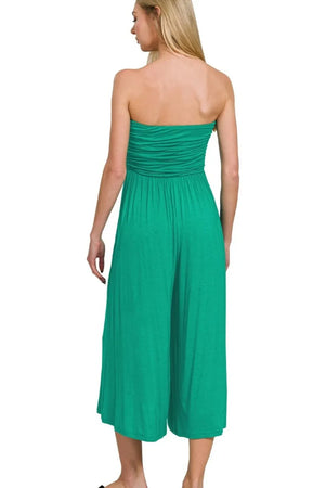 Emerald Strapless Beach Jumpsuit with Ruched Bodice women outfit ideas