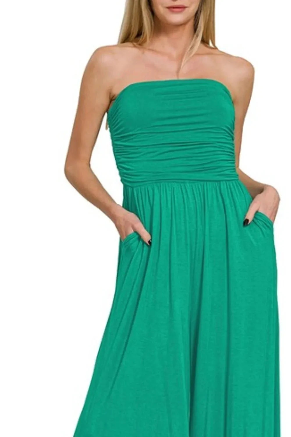 Emerald Strapless Beach Jumpsuit with Ruched Bodice women outfit ideas