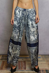 Floral Wide Leg Drawstring Beach Pants in Ivory and Navy women outfit ideas