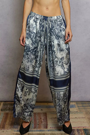 Floral Wide Leg Drawstring Beach Pants in Ivory and Navy women outfit ideas